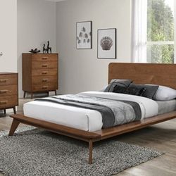 Brand New Walnut Mid Century Modern Style 4pc Queen Bedroom Set (Available In Eastern King)