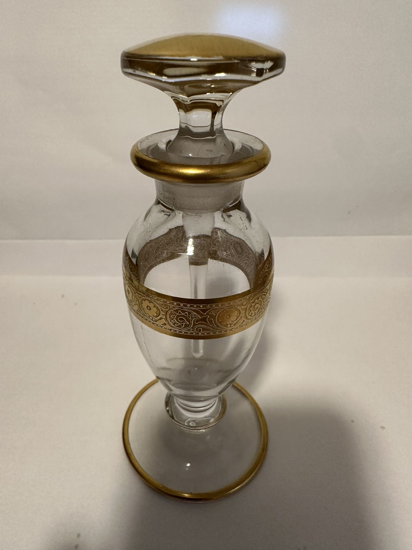 ANTIQUE VINTAGE GLASS W/GOLD VICTORIAN PERFUME BOTTLE W/ ORIGINAL STOPPER