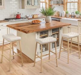 24”Counter Height Bar Stools Set of 3, Barstools with Thick PU Leather Saddle Seat & Sand (AB35)
