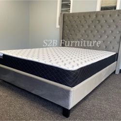 Queen Grey Wingback Bed With Ortho Mattress Included!!