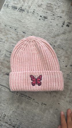 Pink Knit Beanie with Butterfly Embroidery
