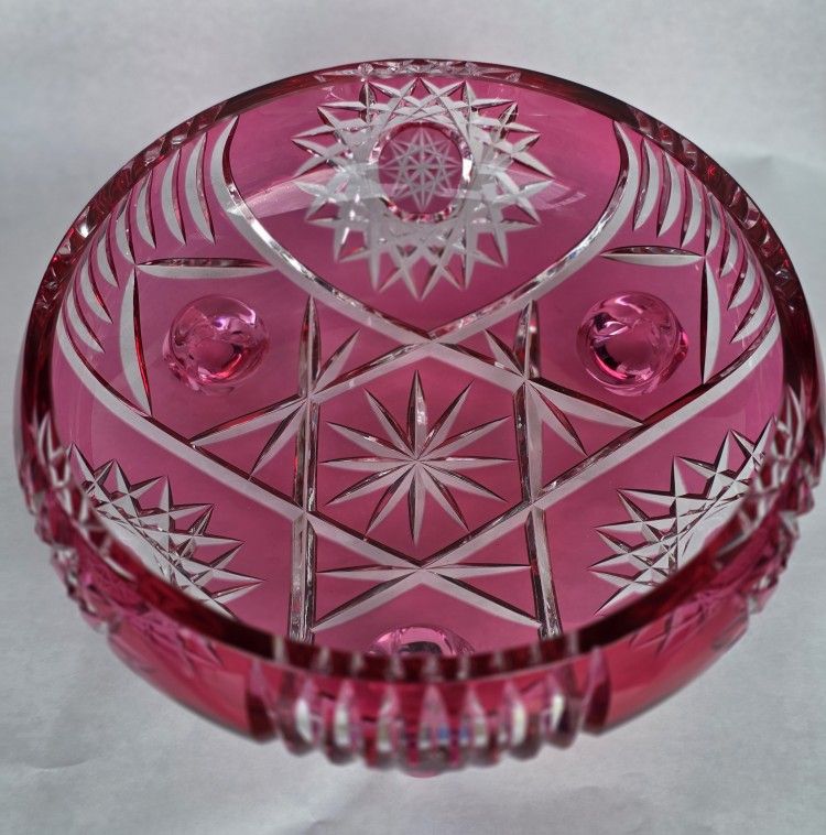 Cranberry Cut To Clear Crystal Bowl