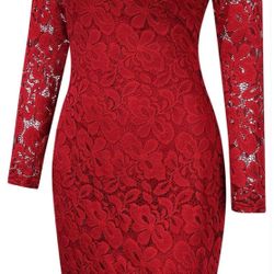 Off Shoulder, Floral Lace, Women's Crochet Pencil Dress (Red, XXL)