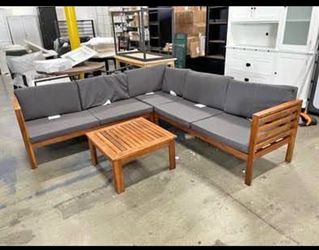 Assembled New Acacia Wood 4 Piece Outdoor Patio Conversation Furniture Set Sectional Sofa Set