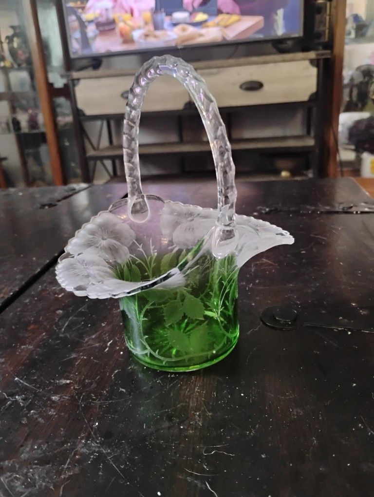 Vintage Green And Clear Etched Glass Basket