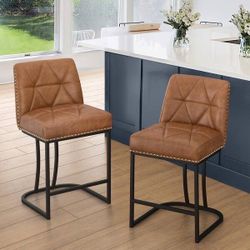 Set Of 2 Brown Leather Barstools 