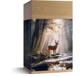 Mahogany wood cremation urn with deer in a forest design. (Brand new, never used but some corners have small dents, selling at half price).