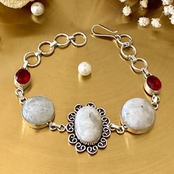 Rainbow Moonstone And Garnet Handcrafted Bracelet