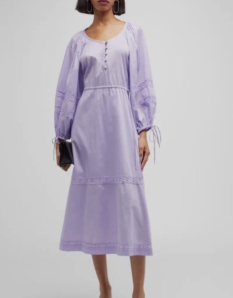 Harshman Women's Purple Belle Blouson-Sleeve Lace-Trim MIDI Dress SZ L, NWT $304