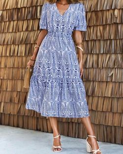 NEW Women’s V-Neck Blue Floral Midi Dress Short Sleeve - Size Small