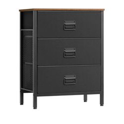 Dresser for Bedroom, Storage Organizer Unit with 3 Fabric, Chest, Steel Frame, for Living Room, Entryway, Rustic Brown and Black ULTS203B