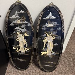 Vintage Chinese Oriental Black Lacquer Wall Art Plaque 