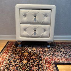 White Faux Leather Night Stand Crystal Diamonds 