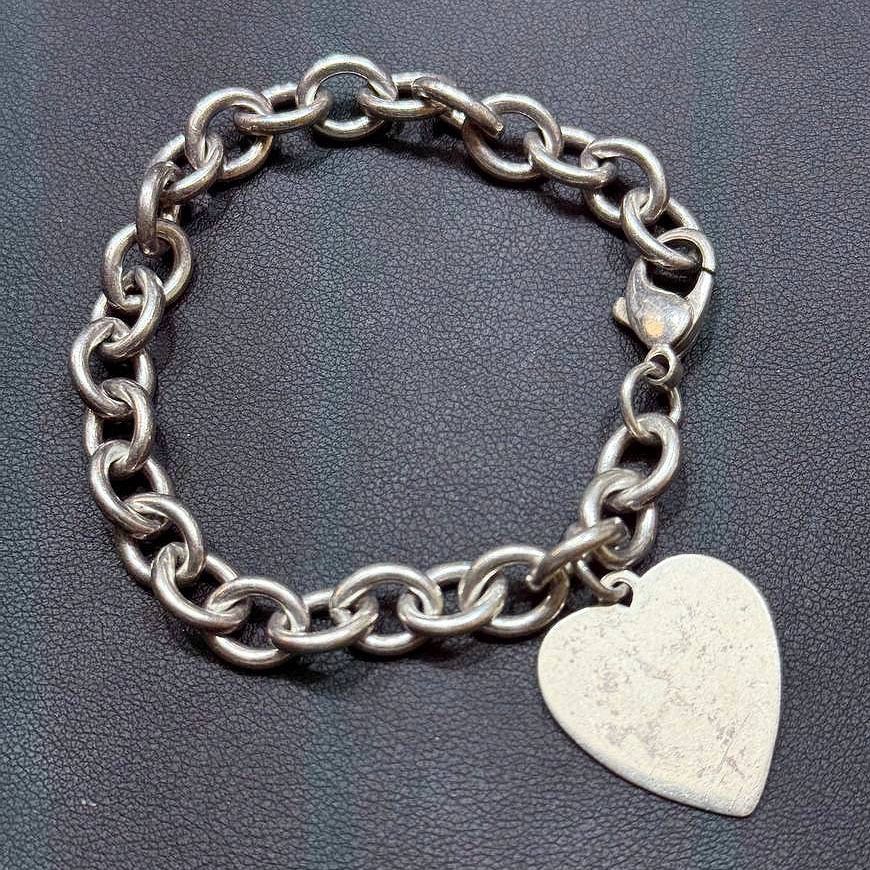 Vintage Prochain Sterling Silver 925 Heart Tag Charm Rolo Link Chain Bracelet