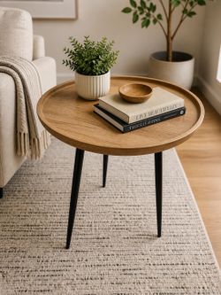 Crate & Barrel Round Tray Side Tables (Set of 2) | Wood & Black Metal Modern Accent Tableso