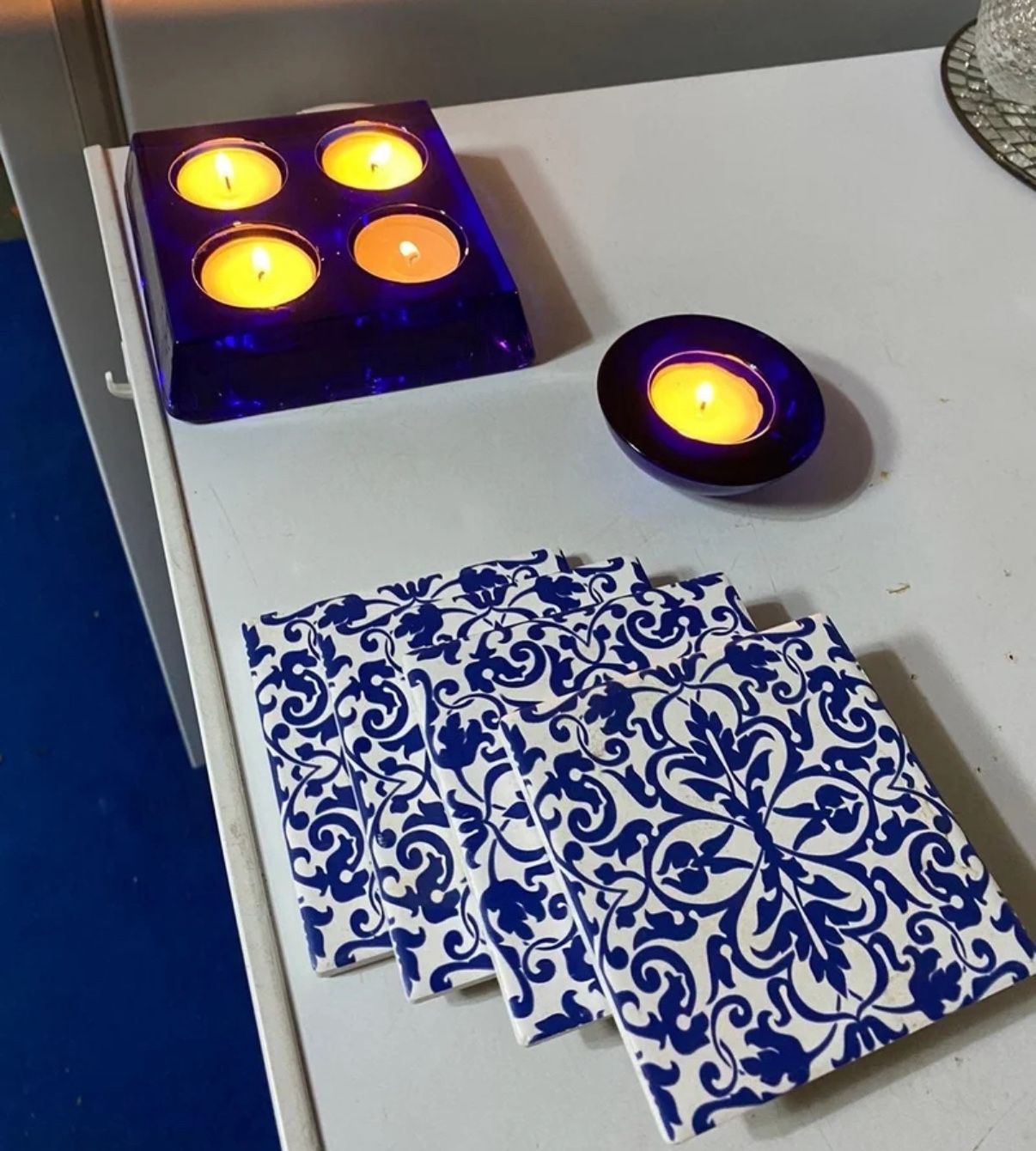 Lot of Beautiful cobalt blue candle holders & coasters.