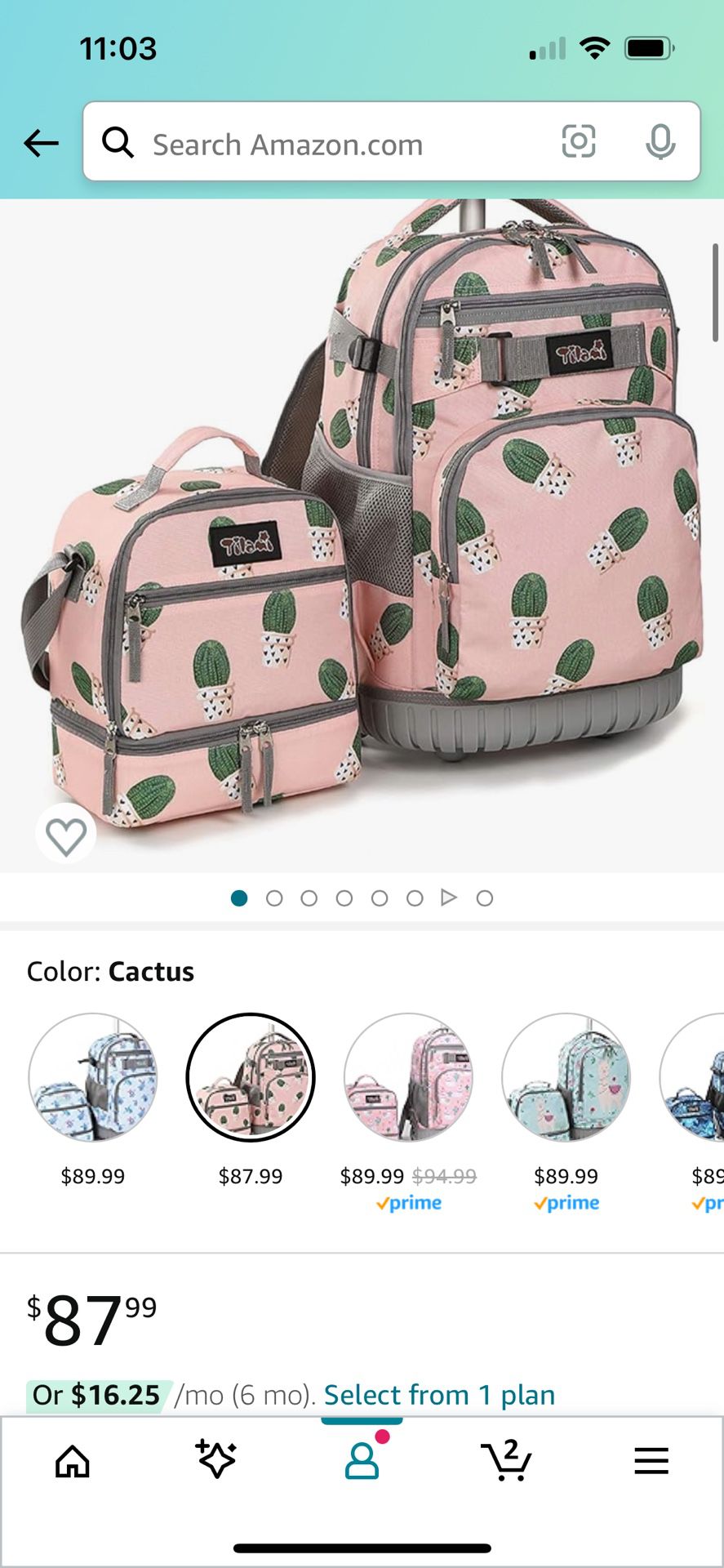 Rolling Cactus Backpack And Matching  Lunch Box 