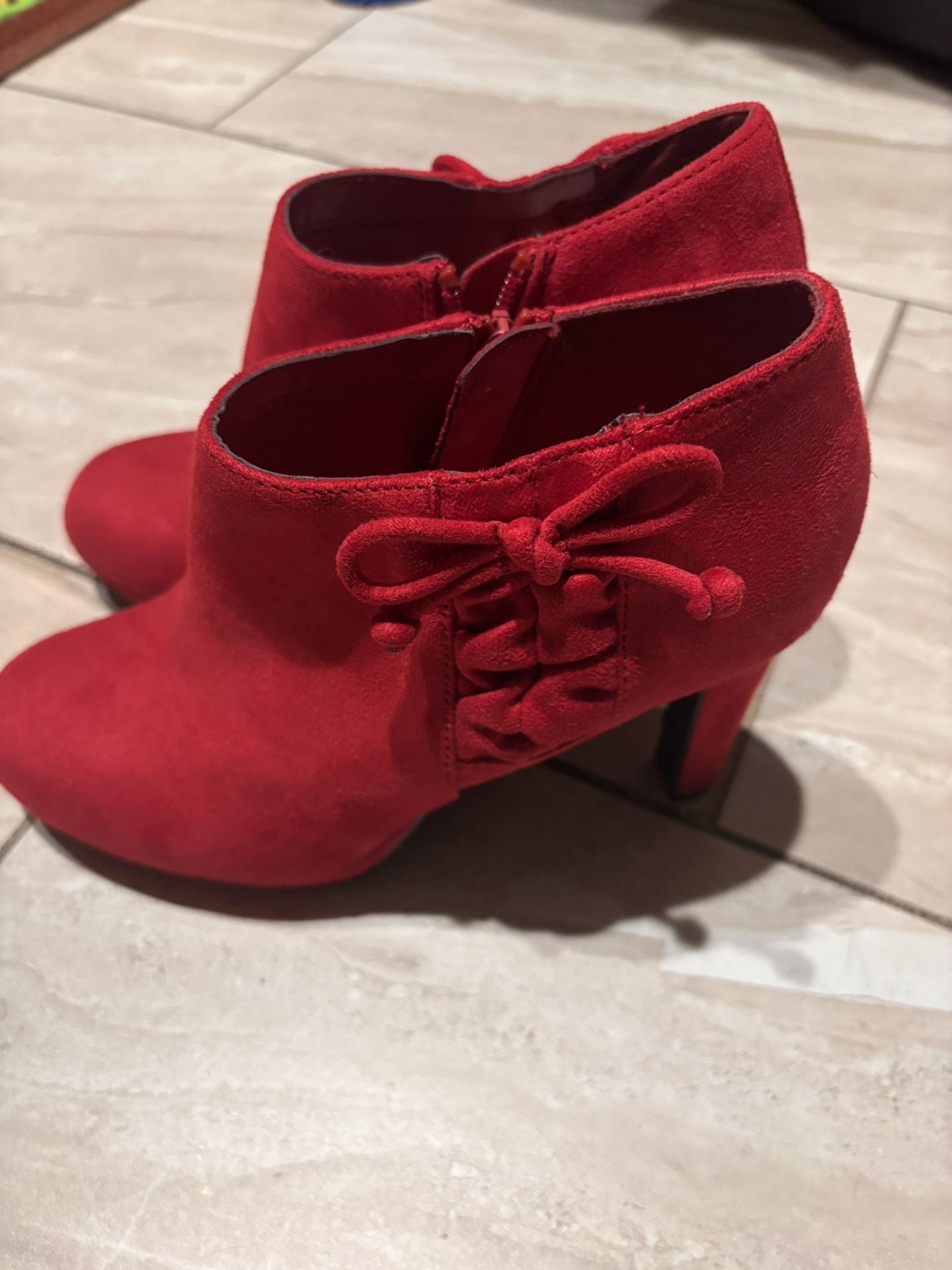 Red Suede Ankle Boots Bow Detail
