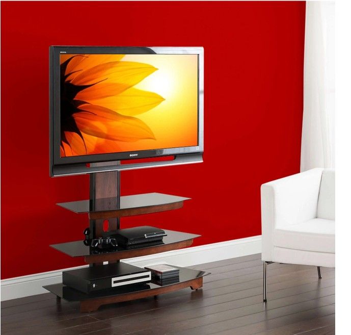 Whalen 3-Tier Television Stand for TVs up to 50", Perfect for Flat Screens, Black Metal with Wood Trim Accent
