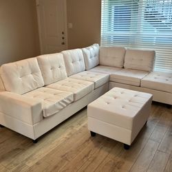 Reversible Faux Leather Sectional w/ Cupholders & Storage Ottoman Set