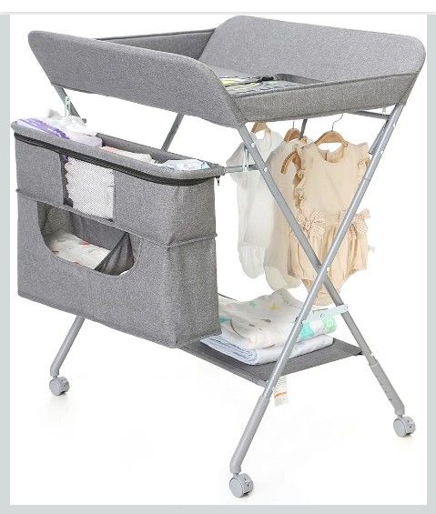 Portable Baby Changing Station with Adjustable Height - Foldable Diaper Table with Wheels,Waterproof Pad, Safety Belt