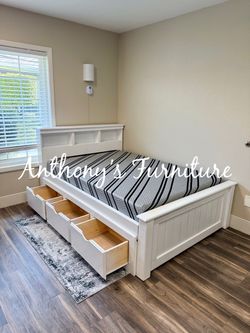 White full bed with mattress and drawers