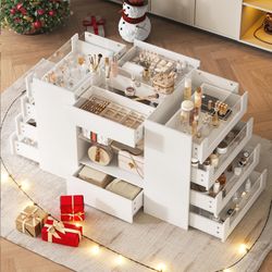 Closet Island with Drawers, Wardrobe Armoire Bedroom Island, Glass Display Shelf & 12 Drawers, White Dresser with Glass Top, Walk-in Closet Island for