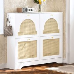 Shoe Cabinet with 4 Rattan Flip Drawers - Hidden Wood Shoe Cabinet Freestanding $80