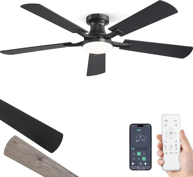 52 Inch Ceiling Fan with Light, App&Remote Control, Flush Mount Low Profile, Dimmable