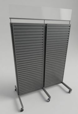 Double Sided Slatwall Retail Display Fixture Rack on Casters with Sign Holder