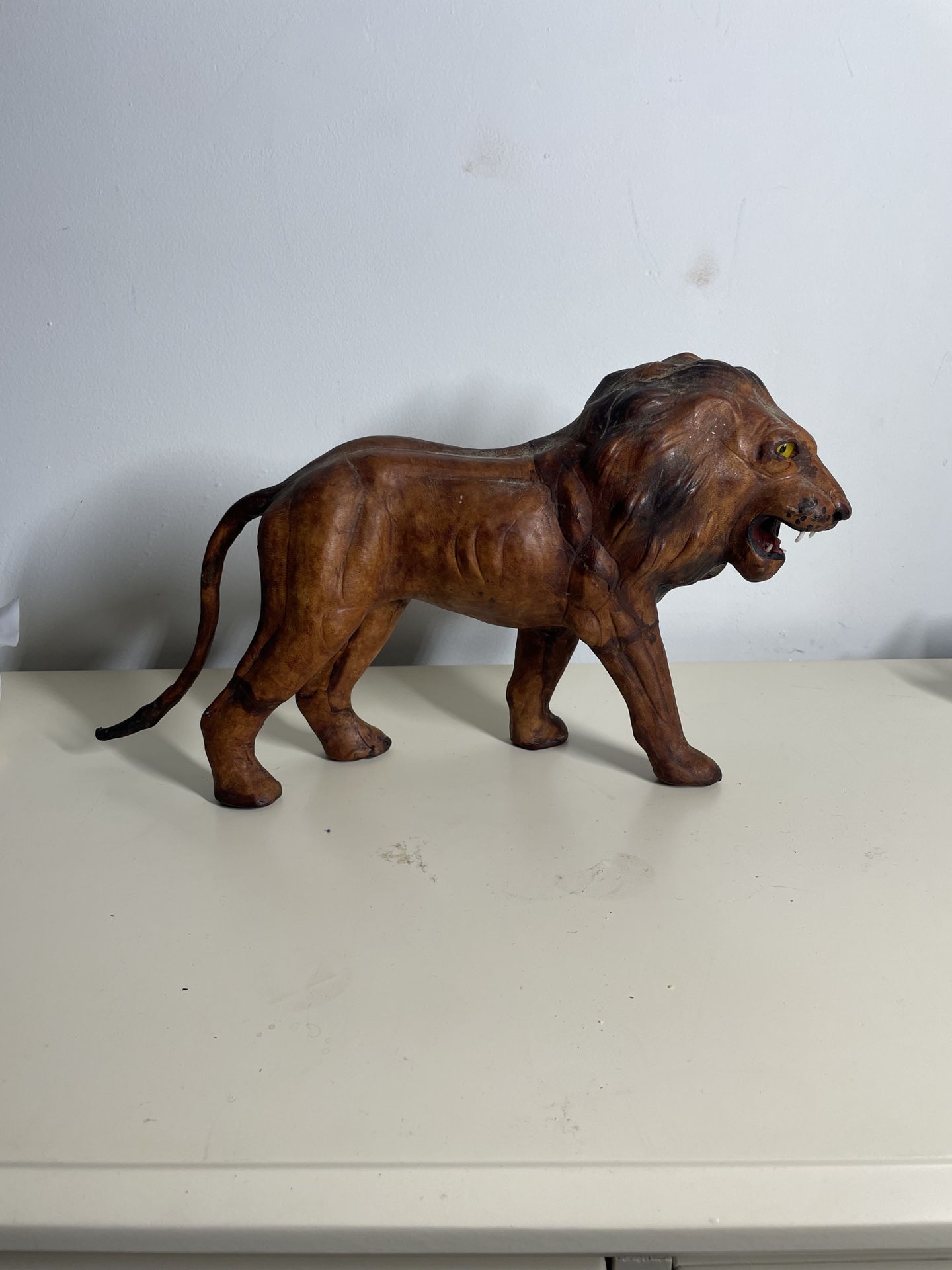 Vintage Large Leather Covered Paper Mache Wrapped Lion Sculpture Animal Statue