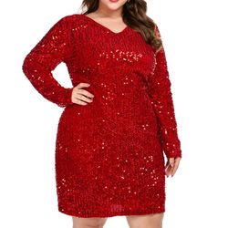 Plus Women's Holiday Dress Red Sequin Long Sleeve 24w