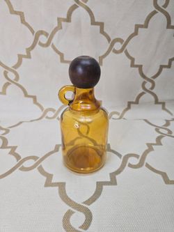 Vintage Apothecary Amber Brown Glass Jar Bottle Twist On Wooden Ball Lid Japan