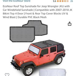 EcoNour Roof Top Sunshade for Jeep Wrangler JKU with Car Windshield Sunshade | Compatible with 2007-2018 JK Bikini Top 4 Door | Front & Rear Top Cover