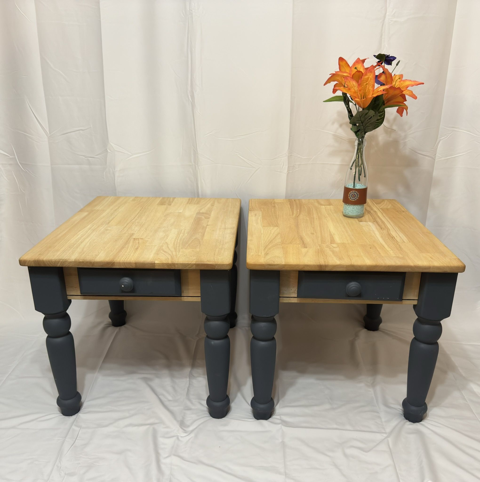Two Matching Real Wooden End Tables With Drawers