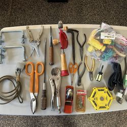 Assorted Hand Tools, Plumbing & Garden Hose Accessories 