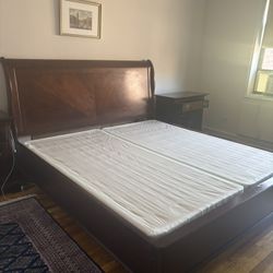 Raymour&Flanigan King Size Sleigh Bed (Frame + Box Springs+mattress+ Down Comforter)  and a nightstand
