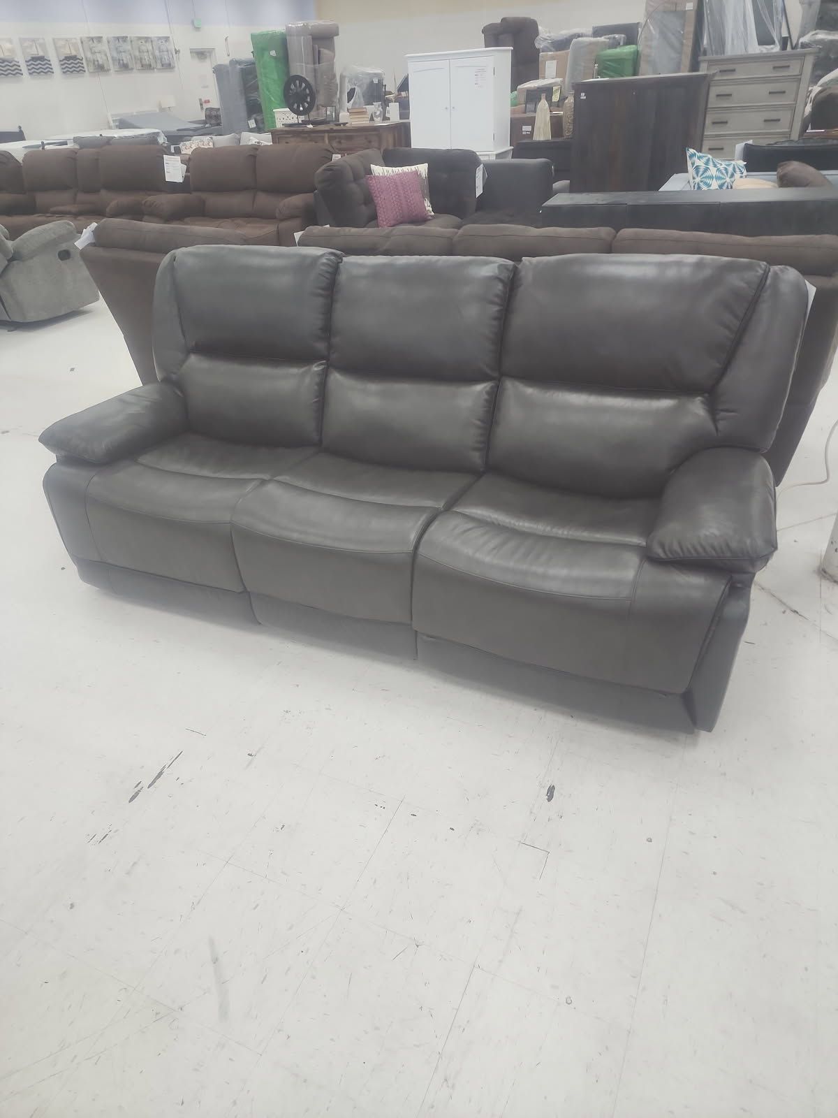 Gray Leather Look Reclining Power Sofa