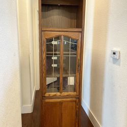 Brown Wood Bookshelf , Stand, Shelf, With Glass Door & Lights