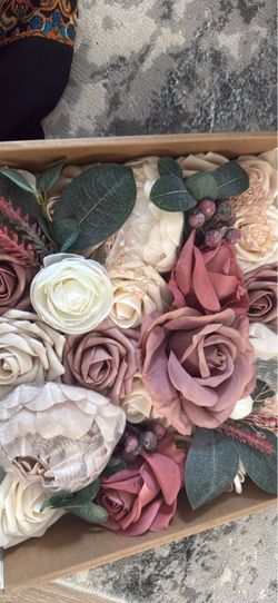 Ling's moment Fake Flowers Box, Cinnamon Rose & Ivory Grand Combo Faux Artificial Greenery Stems, Foam Roses, Silk Eucalyptus, For Centerpieces Bouque