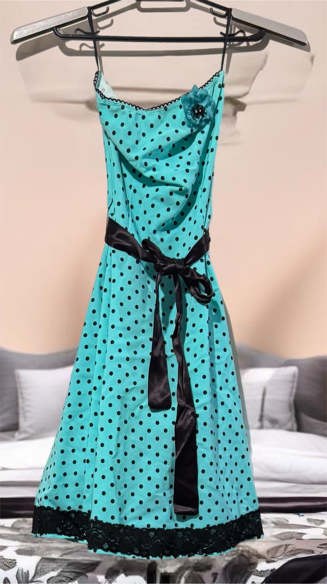 Ruby Red (R) Retro Pin Up Cami Dress 6 Teal Black Dots Tulle Sash Midi EUC