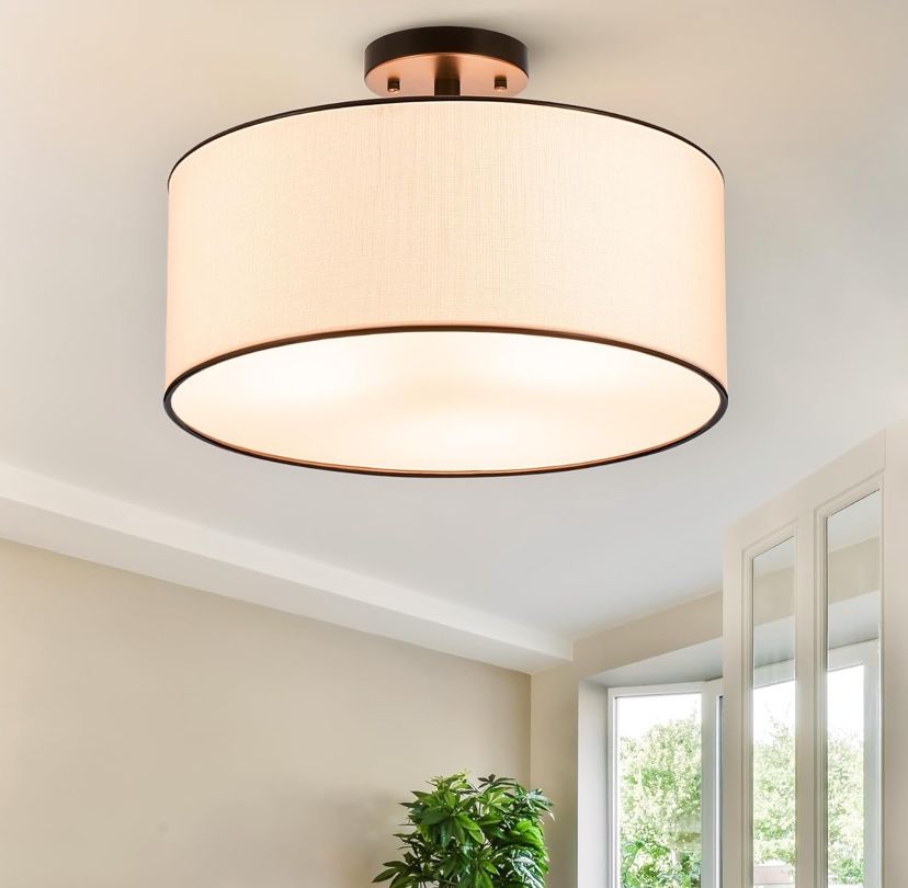 Flush Mount Drum Light - White Linen Shade - Matte Black Finish