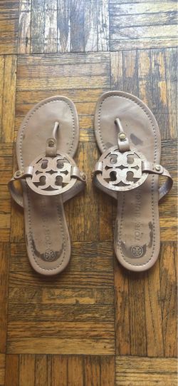 Tory Burch Miller Beige Leather Thong Sandals Logo Slip On Women’s US 10