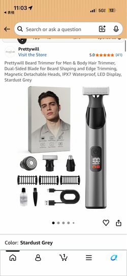Prettywill Beard & Body Hair Trimmer with Magnetic Heads & LED Display (Stardust Grey)