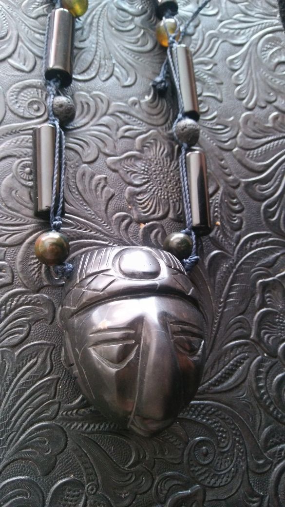 Aztec head necklace w/ lava rock & turquoise beads