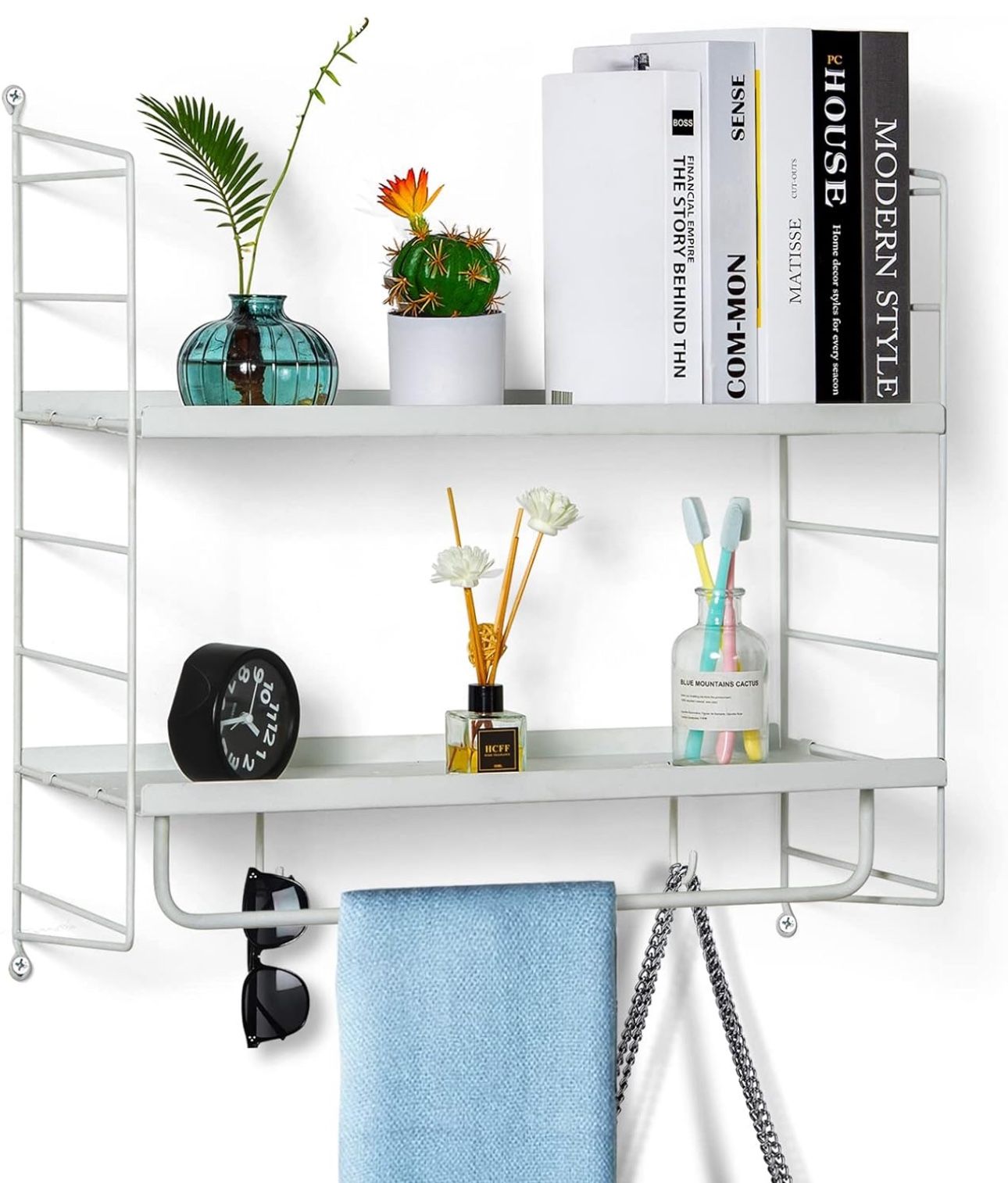 2 Tiers Multi-functional Wall Racks Floating Shelves , Wall Mounted Storage Shelves with Black Metal Frame and Towel Rack And Two Hooks for Bathroom,