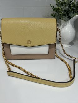 Tory Burch Handbag Used One Time Only, Multicolor Tan With Ivory And Mustard Color Leather With Suede On Bottom