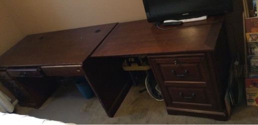 Dark Wood L-Shaped Desk with Drawers