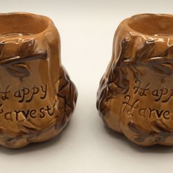 Two Gourds Votive Ceramic Pottery Fall Decor Glazed “Happy Harvest” Autumn - EUC