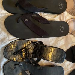 Op flip flops  $5 used size 12, Vera Wang $5 used size 12, black slips with flower $10 brand new size 12w, brown & gold heels $10 used size 12w